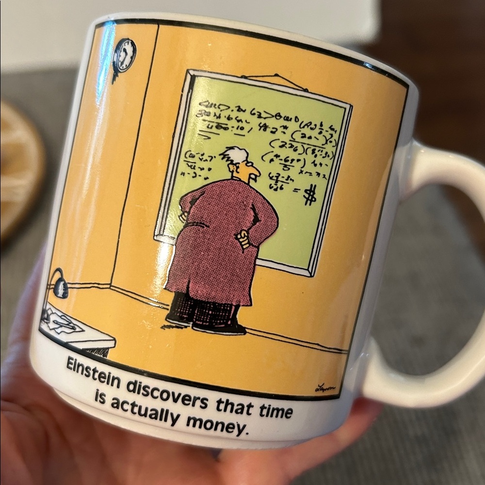Far Side coffee mug Einstein by Gary Lawson 1985 humorous cartoon